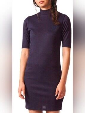 Adidas Originals Ribbed Mock Neck Mini Dress Blue Slim Bodycon Athleisure M